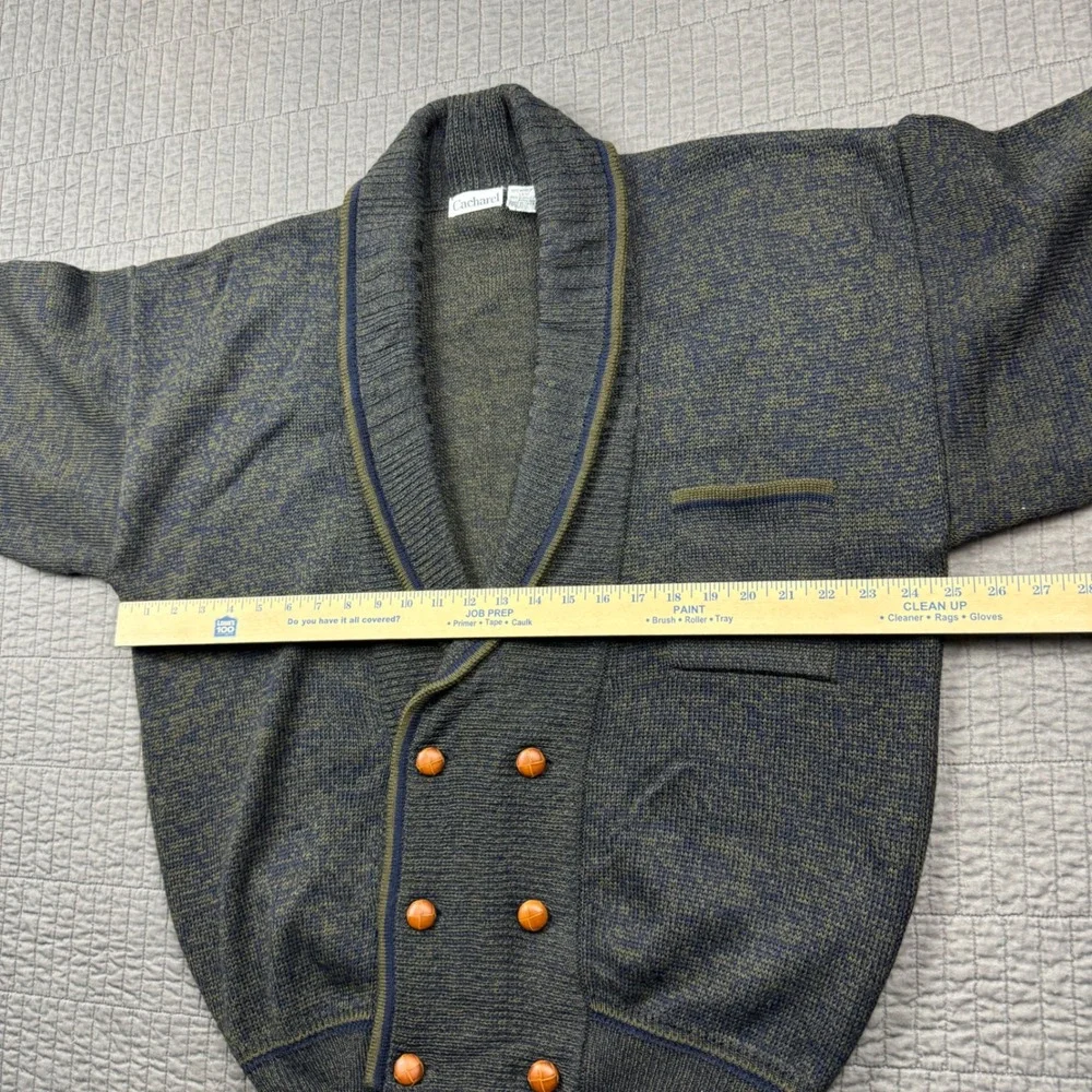 Vintage Cacharel Men Large Shawl Collar Cardigan Wool Blend Green Blue Heathered